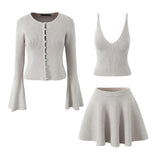 Beige Knit Pearl Buttons Knitted Cardigan Crop Top And Mini Skirt Set-Outfit