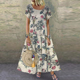 Fongt Explosion Women's Vintage Flower Printed Short Sleeve Round Dress