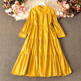 Temperament Aging Solid Color Simple Dress Autumn Dress Korean Version Fashion Bubble Long Sleeves Show Thin Button Long Skirt Women-Outfit