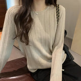 Grey Round Collar Long Sleeve Waffle Knitted Blouse Girls Wear New Lazy Niche Sweaters In Autumn And