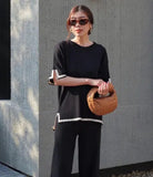 Fongt Fashion Suit Temperament Bumpy Open Fork Short-Sleeved Knit Shirt High Waist Thin Leg Trousers Two Sets