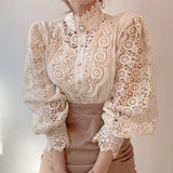 Patchwork Shirt Button Hollow Out Tops Korean Chic Lace Blouse Women Flower Stand Collar Blusas Petal Sleeve Blouses