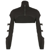 Wind Hollowed-Out Zipper High-Collar Ultra-Short Woven Blouse 2023 Summer New Spicy Girls Casual Blouse-Outfit