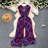 Fongt Ins Wear A Female Senior Sense Sleeveless V-Neck Tie Strap To The Belt Print Loose Broad Legs 100-Folded Jump-Fitting Trousers