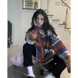 Striped Knitted Cardigan Women Streetwear Gradient Sweater Coat Harajuku Plus Size Knitwear Korean Patchwork Jumper Tops-Outfit