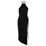 Fongt 2023 Autumn New Sexy Hollow Out High Slit Hanging Neck Lace Dress