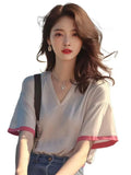 Fongt Version Of Fashion Lace Spliced Short-Sleeved Shirt Women's Summer Dress 2025 Summer New Ocean Lanqi Thin Open Shirt Top