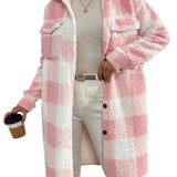 Button Lapel Plush Plaid Loose Temperament