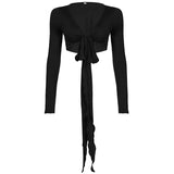 Fongt 2025 New Fashion Spice Girls Solid Color Sexy V Tie With Supple Short-Anxed Long-Sleeved Shirt Coat