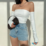 Crop Tops T-shirts, Solid Color Boat Neck Off Shoulder Sexy Tops Pullover with Long Sleeves for Summer Club