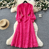 Fongt Sense Of Elegant Lace Dress 2025 New Hollow Hooks Waist Lantern Sleeves Waist Waist Dress Dress