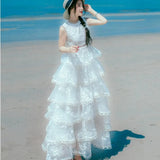 New Summer Fashion Leaf Embroidery Layered Ruffles Midi Long Dress Women Sleeveless Party Dresses Robe Female