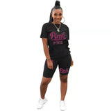 Summer New PINK Letter Print Short Sleeves Tshirt + Biker Shorts Sets Casual Two Piece Women Fashion Outfit
