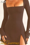 Sleeve Bodycon Black Dress Square Neck Basic Slim Spring Autumn Dresses Solid Streetwear High Side Split Mini