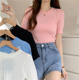 Fongt Version Of The Solid Color Short Sleeve Collar Collar Threaded Knitted Shirt Summer Sweater Bottom T-Shirt With Top