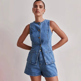 Fongt 2025 New Fashion Sleeveless High Waist High Waisted Loose Nipple Shorts Set