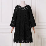 Fashion Women Lace Crochet Work Sundress 2PCS Spring Elegant Long Flare Sleeve Sundress Robe Femme Hollow Out Midi