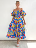 Fongt Summer New Bubble Sleeve Holiday Show Skinny Dress Babes High-Waisted Shoulder-Print Dress Dress Woman