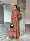 Fongt Small Vintage Hollow Lace Splicing Strap Belt Lantern Sleeve Dress Female Court Long Dress
