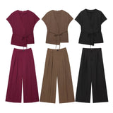Fongt Women's 2025 Summer New Fashion Retro Waist Design Cardigan Top Broad Leg Trousers Set