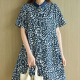 Vintage Printed Polo-Neck Straight Midi Casual Dresses Women's Clothing Short Sleeve Summer All-match Gauze Patchwork Dress-Outfit
