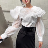 Fongt Fashion High-End Feel Top 2025 Autumn New Collar Splicing Lotus Leaf Edge Slim Thin Shirt