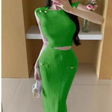 Fongt New Sleeveless Nails Clad High-Waist Temperament Famous Half-Dress Knitted Set Two Sets