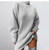 and Winter New Women's Knitwear Pullover Mid-length Raglan Sleeves Half Turtleneck Sweater Dress Loose and Soft-Outfit