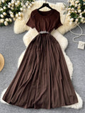 Fongt Summer Senior Round-Neck Short-Sleeved Dress, Tie, Waist Splicing, Elegant Large Hem Length