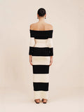 Fongt Women's Fashion Elegant Shoulder-To-Shoulder Knitted Blouse Striped Shoulder-Long Dress