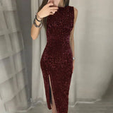 Popular Nightclub Sexy Dress Dress Irregular Sequin Forked Dress-Outfit