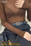 Y2K Fashion Solid Turtleneck T Shirt Women Harajuku Sexy See Through Long Sleeve Tee Slim All-match Basic Pullover