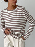 Classic Women Stripe Tee Shirt Casual Print Oversized Knitted Top O-Neck Long Sleeve Tops And Blouse Fashion