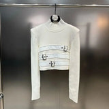 2024 Autumn High Street Stand Collar Long Sleeve Knitted T-shirt Women's Belt Multi Button Design Sweater Pullover TH5305-Outfit