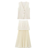 Fongt Women's Clothing 2025 Summer Solid Color Trim Gold Button Knitted Vest Top + Half Skirt Set