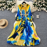 Fongt Elegant Dress Women Fashion Nail Ball Collar Hollow Pressure Folding Lantern Sleeves To Print Long Skirt