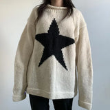 Fongt And Winter Five-Pointed Star Contrast Color Sweater Female Y2K Round Collar Loose Knit Top Female 806-Outfit