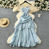 Fongt Goddess Fan Design Sense Square Neck Sling Sling Sling Folds To The Waist Lotus Leaf Dress Girl Dress Dress