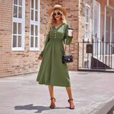Fongt Autumn And Winter New Women's V Collar Waist Solid Color Long Dress-Outfit