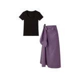 Fongt Summer New Relaxation Black Short-Sleeved T-Shirt Blouse High-Waist Purple Color Tying Strap A-Word Half-Dress Woman