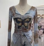 Fongt Shooting Amount Of Bumpy Tulle Spliced Denim Butterfly Design Sunscreen Coat V Collar Short T-Shirt 1965