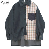 New Spring Women blouses Korean Fashion style Simply Corduroy Long sleeve Tops Patchwork plaid Loose Casual female