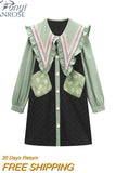 Style Women 2023 Autumn Patchwork Dress Sleeve Doll Collar Dress Dresses Vintage Loose A-Line Dress Preppy Style