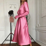 Vintage Sashes Satin Slim Mid Dress Long Sleeve Solid O Neck A Line Simple Casual Dress 2020 Early Winter New Women