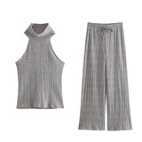 New Collar Sleeveless Blouse Wide-Leg Casual Trousers Silk Satin Suit-Outfit