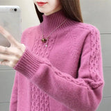 Mock Neck Ribbed Knitted Tops Women Casual Thick Warm Twist Sweaters Korean Basic All Match Bottoming Knitwear