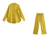 Women Simply Solid Green Color Pockets Casual Straight Pants Female Chic Elastic Waist Lace Up Summer Long Trousers