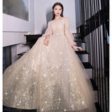 Fongt Dress Women 2025 New Champagne Long-Sleeved Banquet Temperament Simple Thin Host Art Exam Dress