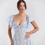 Fongt Long Dress Court Lace High-Rise Thin V-Neck Sexy Short-Sleeved Dress Woman
