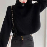 Fongt Version Of Autumn And Winter Retro Half Zipper Standing Collar Sweater Loose Thin Pure Color Design Sense Short Twist Sweater Woman-Outfit